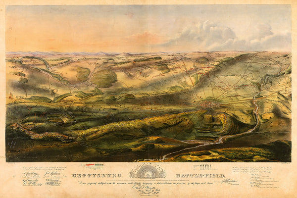 Gettysburg, 1863, Battlefield Bird’s Eye View, Framed