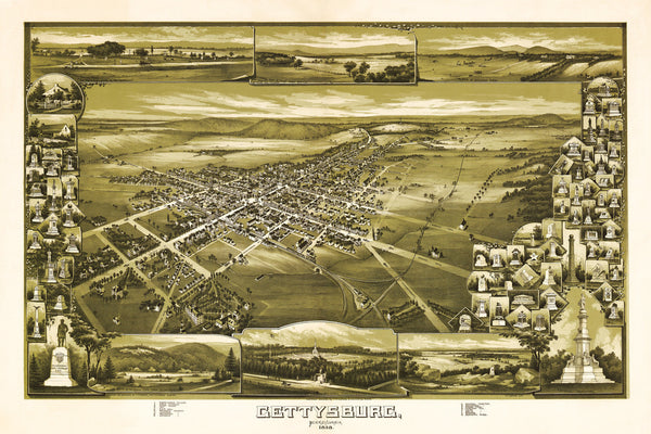 Gettysburg, 1888, Memorials, Bird’s Eye View Map