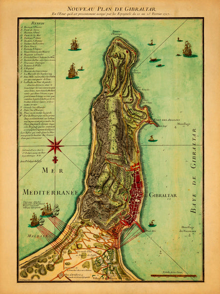 Gibraltar, 1727, Nouveau Plan, Siege, Anglo-Spanish War, Antique Map