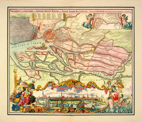 Hamburg, 1720, City Plan & View, Germany, Homann Map (I)
