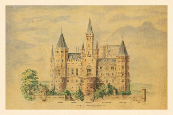 Germany, 1873, Hohenzollern Castle, Watercolor View