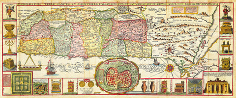 Holy Land, Panorama, Biblical Vignettes, Antique Map