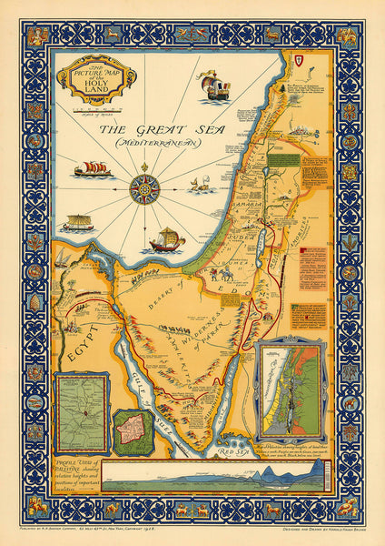 Holy Land, Beautiful Vintage Large Pictorial Map, Framed