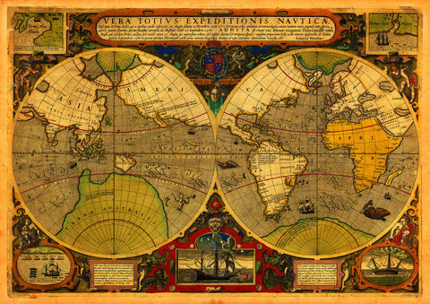 World, 1595, Vera Totivs, Francis Drake, Hondius, Antique Map