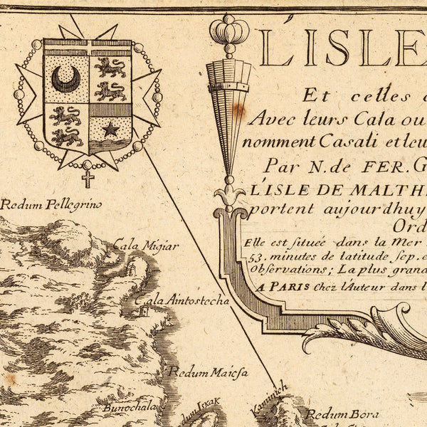 Malta, 1722, L'Isle de Malthe, Knights of St. John, Grand Masters, de Fer Map (II)