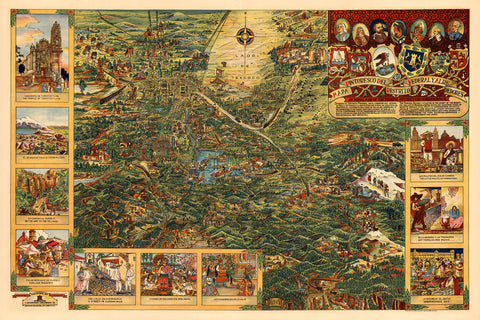 Mexico, 1930, Mexico City, Distrito Federal, Valley of Mexico, Vintage Pictorial Map