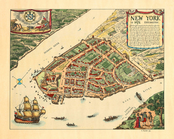 New York, 1674, Lower Manhattan, Vintage Map