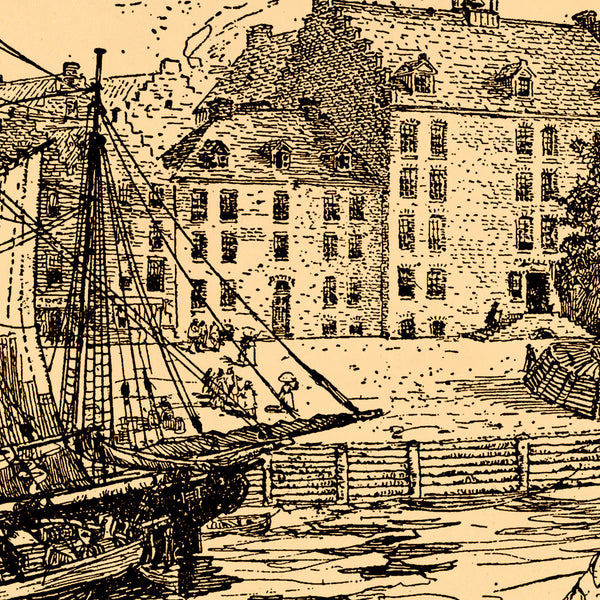 New York, 1679, City Hall & Docks, Ink Drawing, Art Print