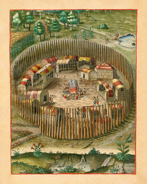 Virginia, 1590, Pomeiooc Village, John White, Thomas Hariot, De Bry, Engraving, Fine Art Print (I)