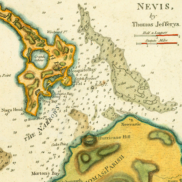 Caribbean, 1794, St. Kitts, St. Christopher, Nevis, Old Map