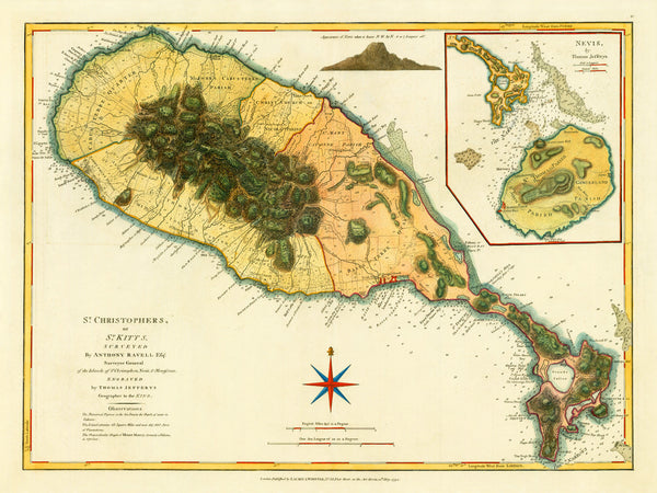 Caribbean, 1794, St. Kitts, St. Christopher, Nevis, Old Map