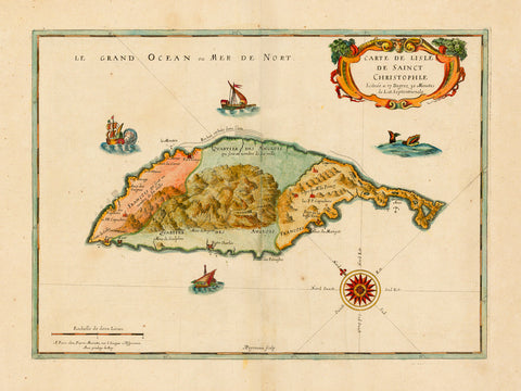 Caribbean, 1650, St. Kitts, Sainct Christophle, Old Map