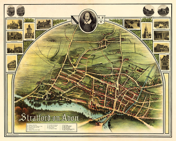 England, 1908, Stratford-upon-Avon, Shakespeare, Vintage Map