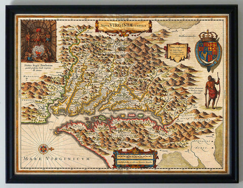 Virginia, 1630, Nova Virginiæ Tabula, John Smith Map, Framed