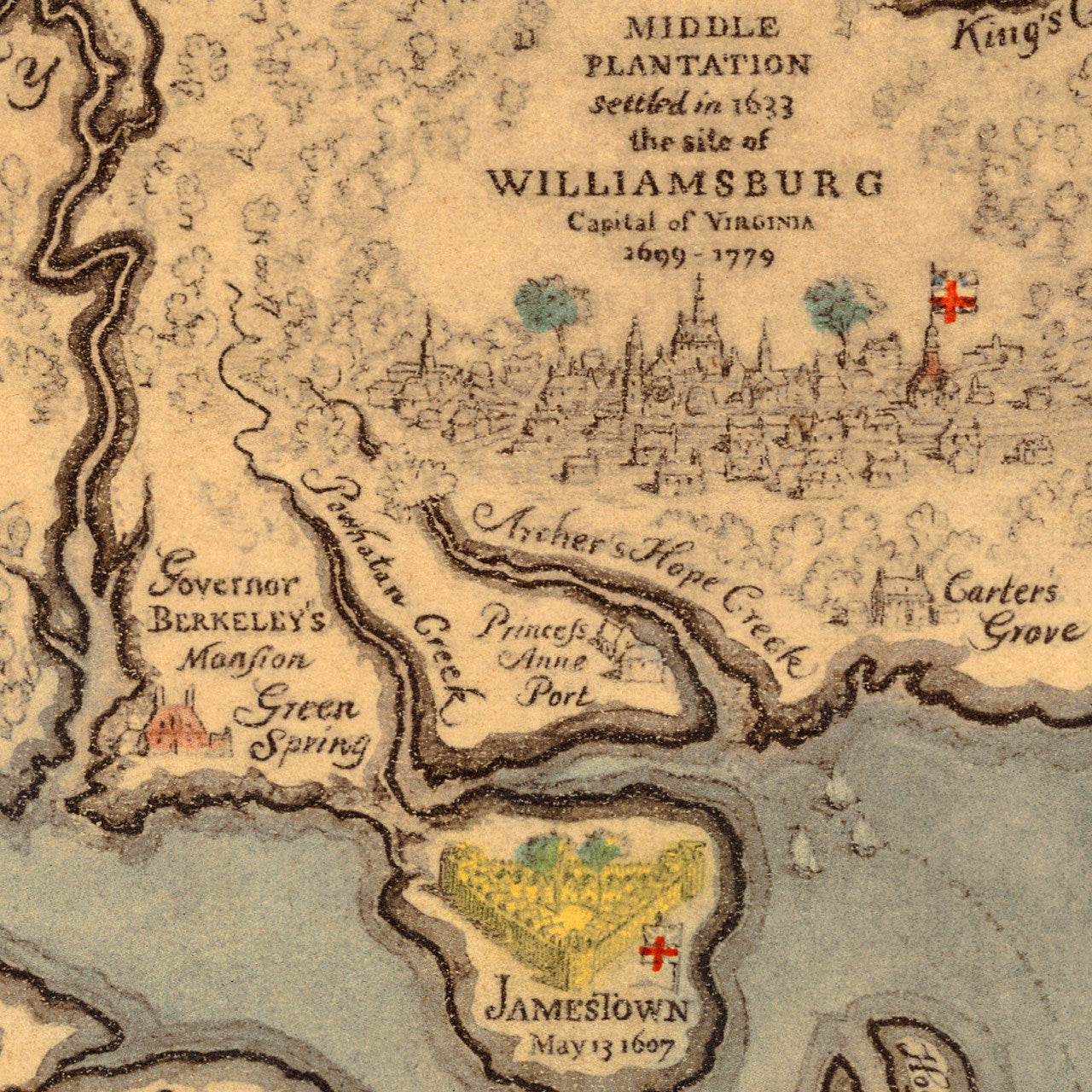 Map of Virginia 1585–1781 with Williamsburg, Jamestown, Yorktown