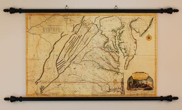 Virginia, 1755, Fry–Jefferson Map, Wall Map Mounted with Rollers