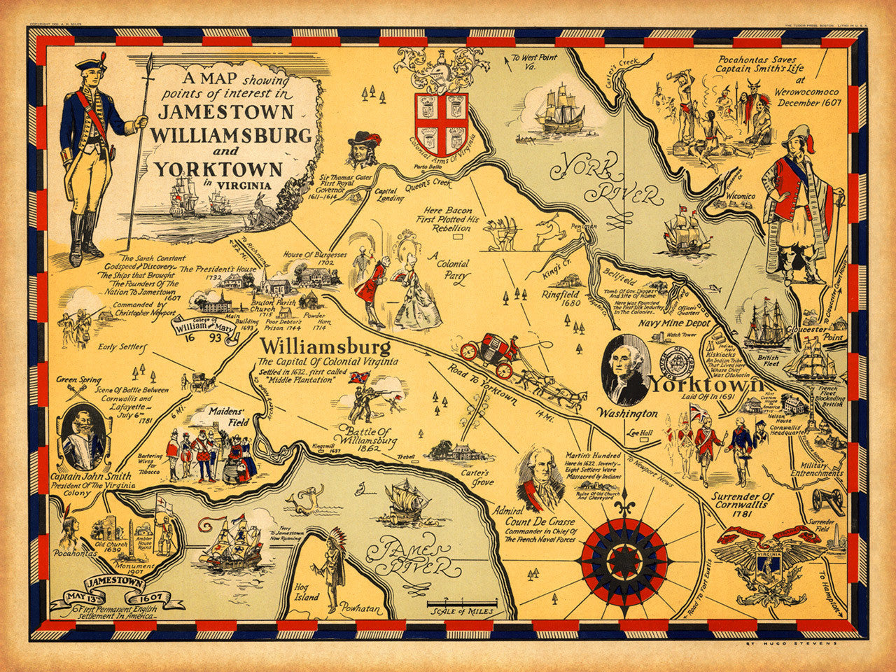 Map of Virginia 1607–1930 with Williamsburg, Jamestown, Yorktown