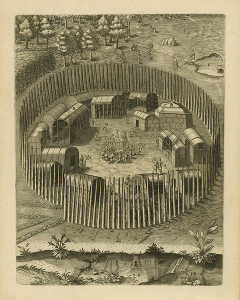 Virginia, 1590, Pomeiooc Village, John White, Thomas Hariot, De Bry, Engraving, Fine Art Print (II)