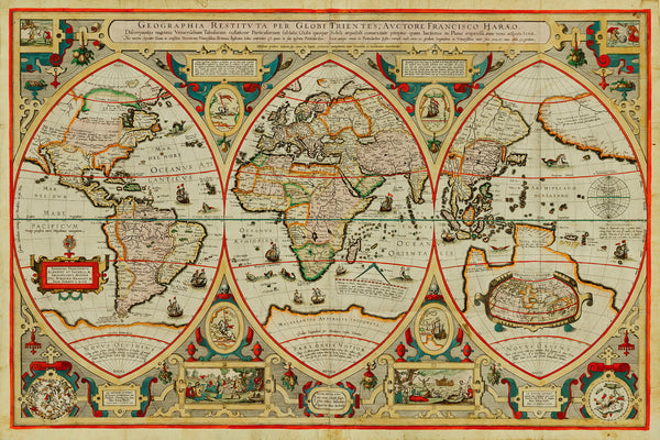 World, 1618, Verhaer, Geographia Restituta, Antique Map