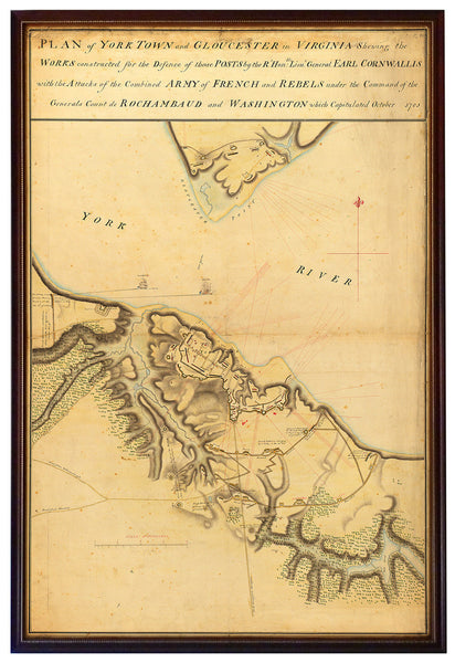 Yorktown, 1781, Cornwallis’ Plan, Revolutionary War Map, Framed